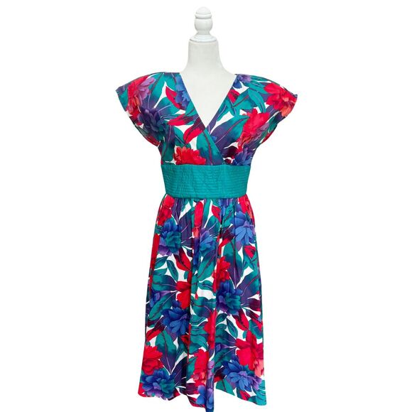 Vintage Jackie Taub for Connections Floral Midi Dress 12 Union Made Blue Red - Picture 2 of 12